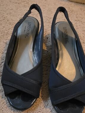 London Fog Navy Slingback Peep-Toe Wedge Mules